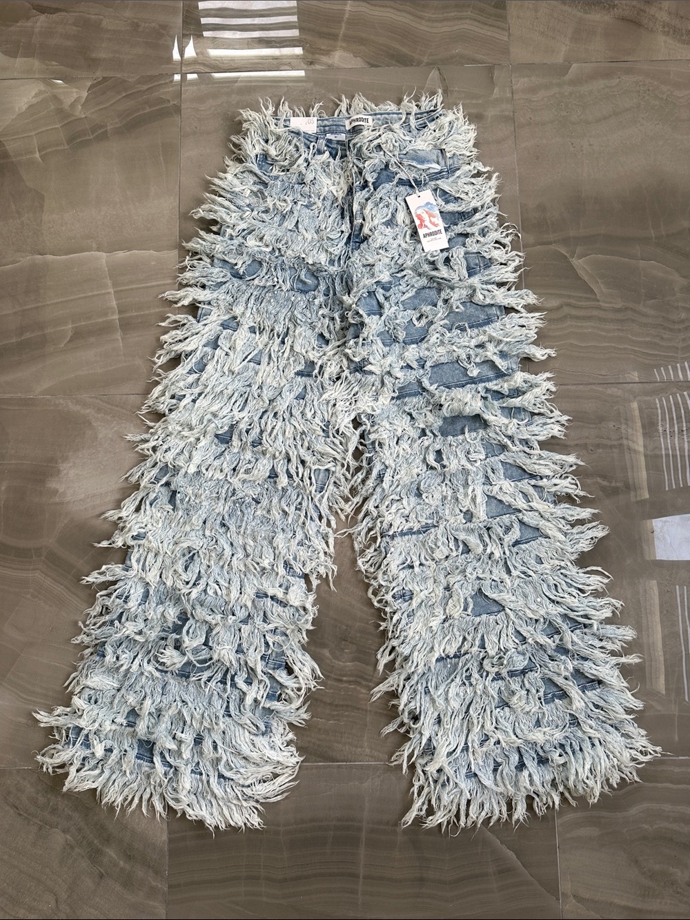Aphrodite Light Blue Shag Fringe Denim Trousers